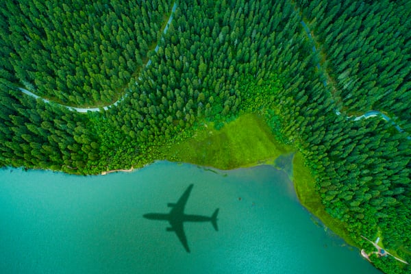 Airplane flying over a forest and lake.jpeg